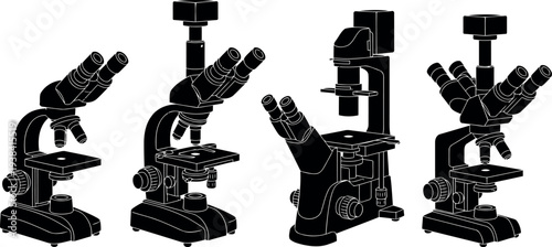 Set of Laboratory Microscope Silhouettes Professional Scientific Equipment Vector Illustration EPS