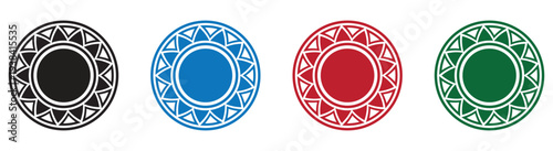 Four circular geometric mandala designs with black, blue, red, and green colors in seamless pattern for backgrounds