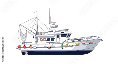 Detailed commercial fishing vessel is shown from a side profile with nets buoys and technical deck equipment on a white background.