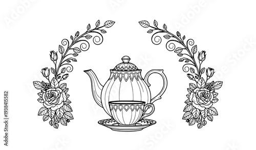 Elegant teapot and floral decoration black line art vector illustration isolated on white background