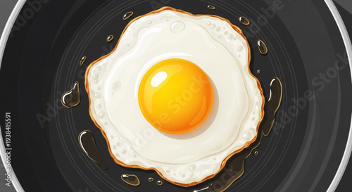 Fried egg in a black pan sunny side up breakfast meal cooking concept kitchen utensils egg yolk morning food culinary art cooking oil