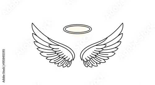 Symmetrical white feathered angel wings are illustrated with a golden glowing halo floating between them on a white background.