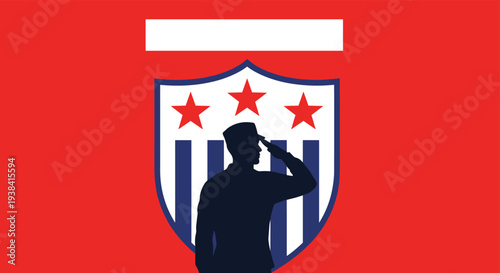 Patriotic salute illustration features a soldier silhouette in front of a blue shield with three red stars and vertical stripes.