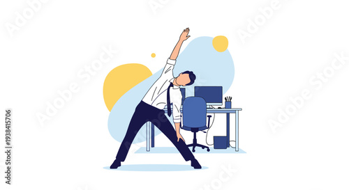 Healthy workplace concept shows a businessman in a shirt and tie doing stretching exercises at his desk with a computer.