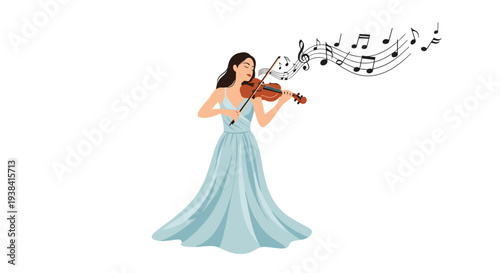 Talented woman in an elegant blue evening gown plays the violin as musical notes float through the air in this artistic scene.