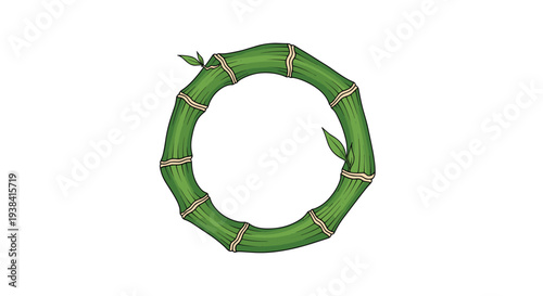 Natural frame design made of green bamboo stalks tied with twine features small leaves in a circular arrangement on white.