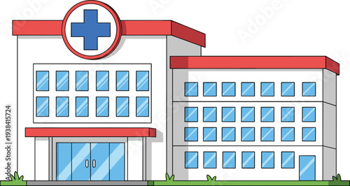 Hospital Building Exterior Medical Healthcare Facility Illustration with Emergency Symbol Modern Clinic Architecture and Public Health Service Concept
