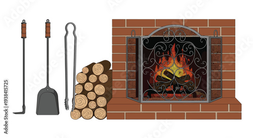 Traditional brick fireplace features a warm fire burning behind an ornate metal screen with logs and fireplace tools nearby.