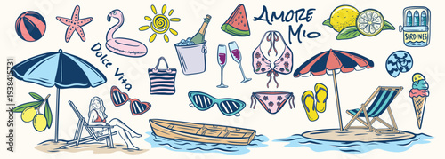 Hand drawn Mediterranean summer beach doodle set with umbrella sunglasses lemon boat flamingo float sardines bikini watermelon and amore mio lettering vector illustration