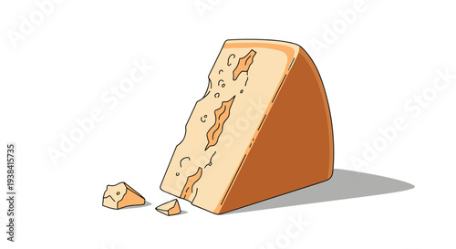 Wedge of hard parmesan cheese with small broken pieces and crumbs on a white surface in a simple vector style.