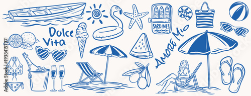 Hand drawn retro Mediterranean summer doodle set with beach vacation elements boat flamingo float sardines ice cream umbrella watermelon and dolce vita lettering.