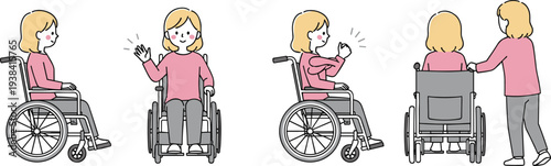 Woman Using Wheelchair Illustration Set Featuring Disabled Person Mobility, Independence, and Assistance Care Concept with Accessible Lifestyle Scenes