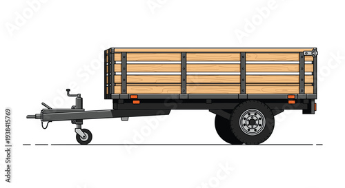 Side view illustration of a utility trailer with wooden side panels and a single axle for transport purposes.
