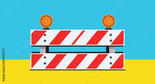 Road construction barrier with red and white diagonal stripes and orange warning lights on a blue sky background.