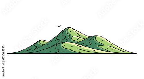 Minimalist landscape illustration of rolling green hills or sand dunes under a clear sky with a single bird flying.
