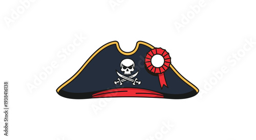 Classic dark blue pirate captain hat featuring a skull and crossbones emblem and a red cockade decoration on white background.