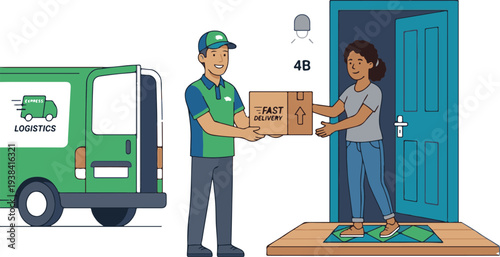 Courier delivering package to customer door with express logistics van background