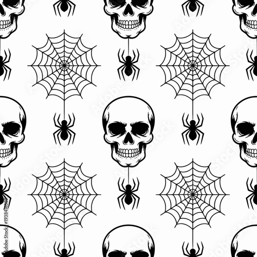 Skulls spiders webs black and white seamless pattern skull spider web halloween