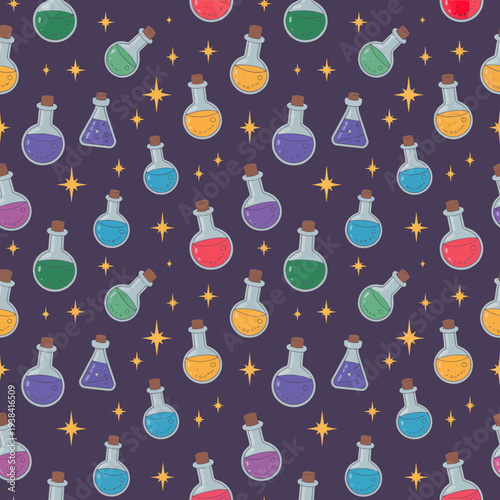 Colorful beakers on dark background laboratory chemistry science flasks test tubes