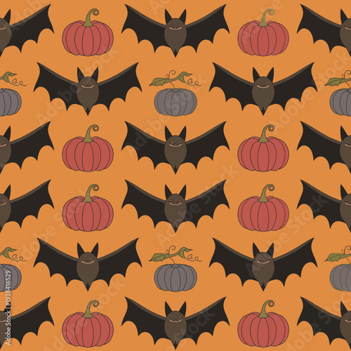 Halloween seamless pattern pumpkins bats orange spooky autumn fall vector illustration
