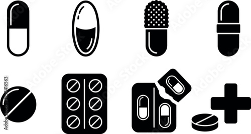 Set of Medical Pill and Capsule Icons, Pharmaceutical Drug Symbols, Scalable Vector Art