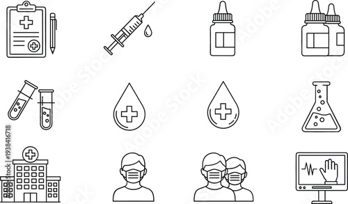Medical and Healthcare Line Icon Set with Syringe, Medicine Bottles, Blood Drop, Hospital, Doctors, Laboratory Equipment, and Patient Monitoring Symbols