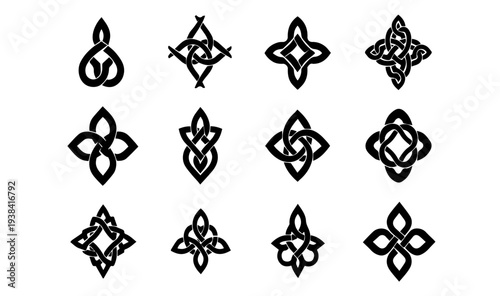 Celtic Knot Eternal Vector Ornament Set with intertwining black line loops and mystical geometric symbols for spiritual branding and heritage jewelry design.