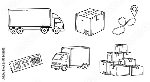 Hand drawn delivery and shipping outline doodle set with truck box and map pin