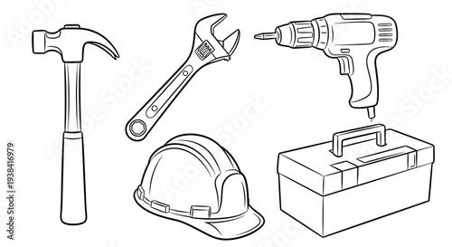 Hand drawn construction tool and equipment outline doodle set with hammer and hard hat