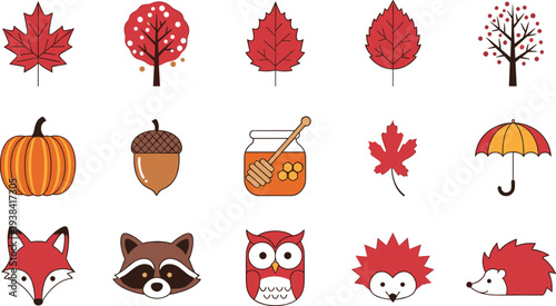 Autumn Nature Icon Set Featuring Maple Leaves, Pumpkin, Acorn, Honey Jar, Umbrella, Fox, Raccoon, Owl, Hedgehog, and Fall Forest Elements
