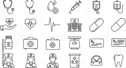 Medical and Healthcare Outline Icon Set with Stethoscope Syringe IV Drip Hospital Doctor Medicine Prescription Tooth Line Art Vector Collection