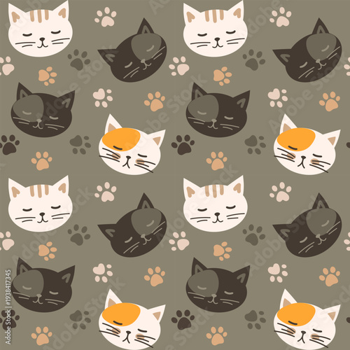 Cartoon cat head and paw print, seamless vector pattern in beige, brown, and orange