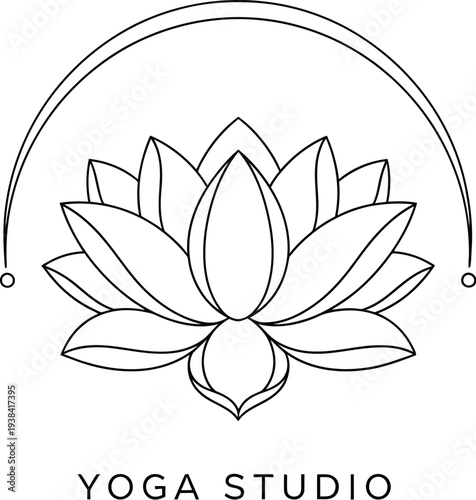 Minimalist line art lotus flower logo design for a serene yoga studio