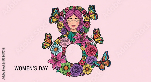 Vibrant woman celebrating Women's Day with floral and butterfly design