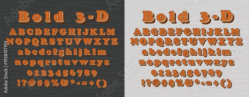 Retro bold 3D alphabet vector set containing uppercase and lowercase letters with numeric digits symbols for vintage typography projects and creative branding designs.