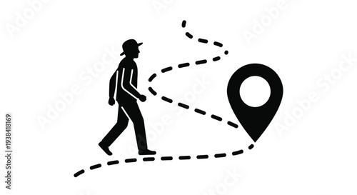 A person walking towards a map marker shown as a bold silhouette