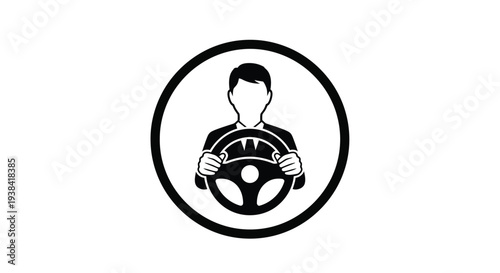 A driver depicted within a circular frame a bold black silhouette
