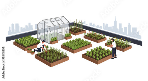 Urban Rooftop Garden with Green Plants.