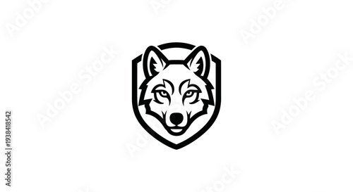 Wolf head in shield logo.