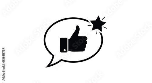 A black silhouette of a thumbs up inside a speech bubble with a star