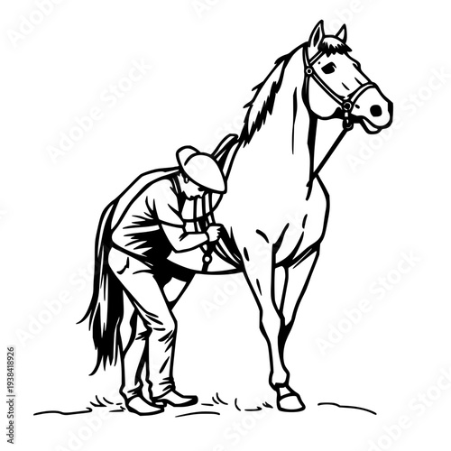 Dramatic silhouette of a skilled farrier carefully shoeing a horse, highlighting the ancient craft and dedicated horsemanship, isolated on white