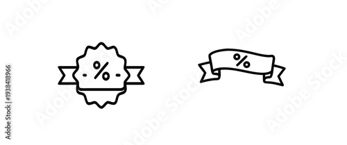 Discount ribbon and percentage line icon set featuring sale tag and promotion badge for ecommerce offer and price reduction for business and more vector illustration or editable stroke