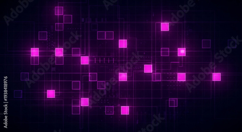 Glowing pink squares on a dark background with grid lines and neon lights futuristic technology concept
