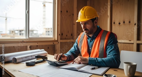 A construction worker in a hard hat and safety vest works on a project at a desk with blueprints and a calculator.