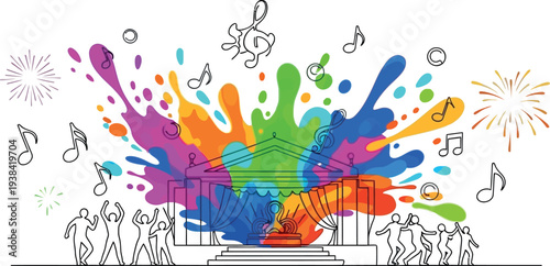 Vibrant artistic celebration explodes from a classic stage with dancing crowds and music
