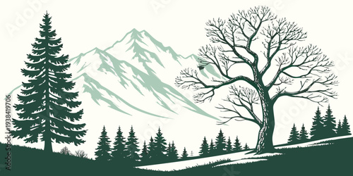 A serene landscape featuring a majestic tree standing tall amidst a forest Vector