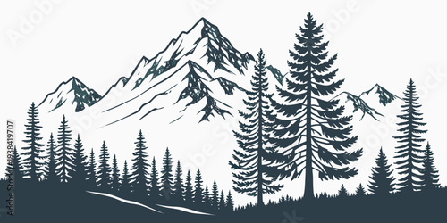 Majestic mountain range with dense forest and snow capped peaks Vector