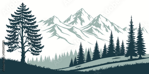 Majestic mountains with snow-covered peaks and evergreen trees in a serene landscape Vector
