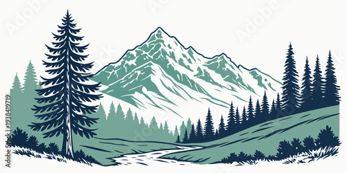 Majestic mountain range with lush green trees and snow-capped peaks under a clear blue sky Vector