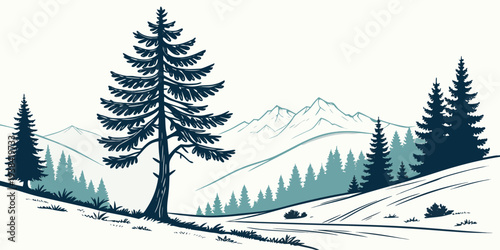 A serene winter landscape with tall pine trees and snow-covered mountains in the background Vector